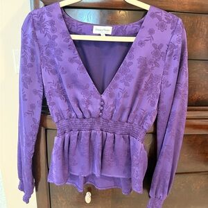 Privacy Please Deep Purple Floral V-Neck Smocked Peplum Blouse
